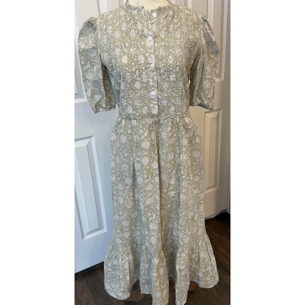 Beau & Ro Annika Dress Sz S Sage Floral Pintuck Ruffle Cottagecore Prairie‎ Maxi